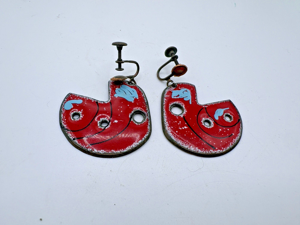 Palette Shaped MCM Mid Century Red Lt Blue Enamel Copper Screw On Earrings Vtg